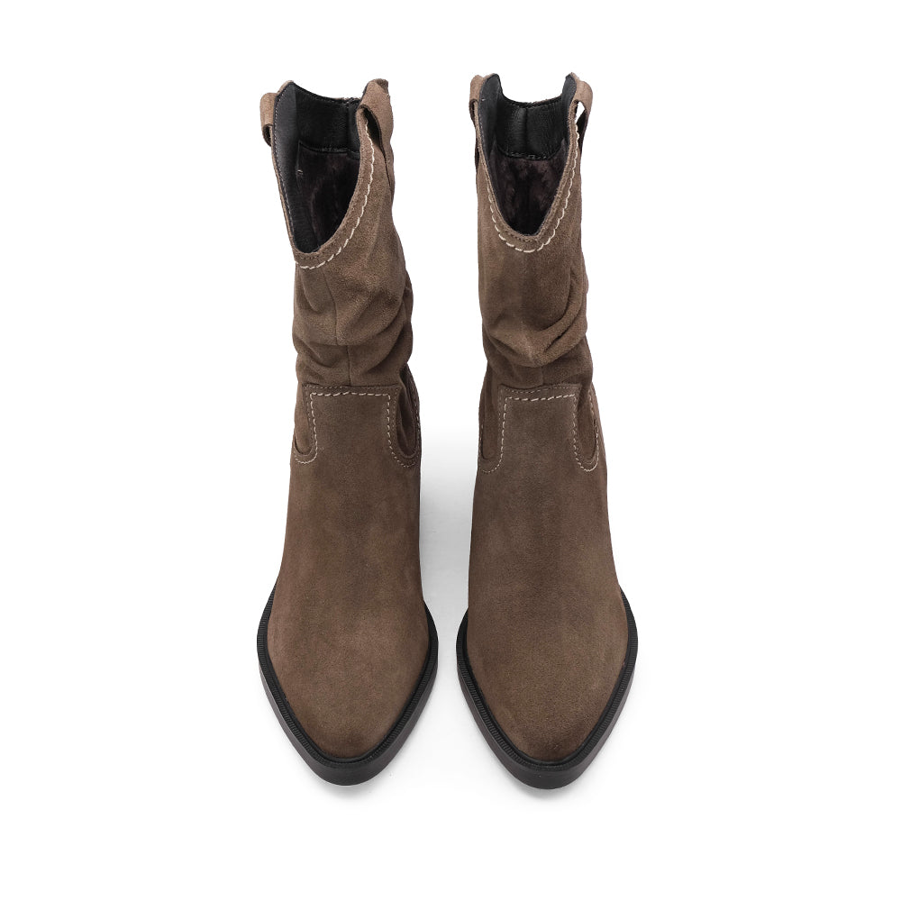 Bota Salto Médio Mulher Camurça Taupe