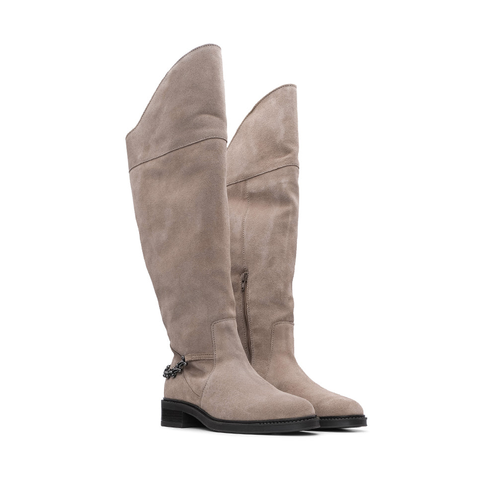 Bota Cano Alto Mulher Camurça Taupe