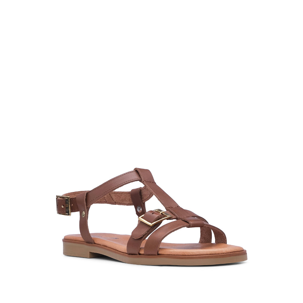 Sandália Salto Raso Mulher Pele Camel