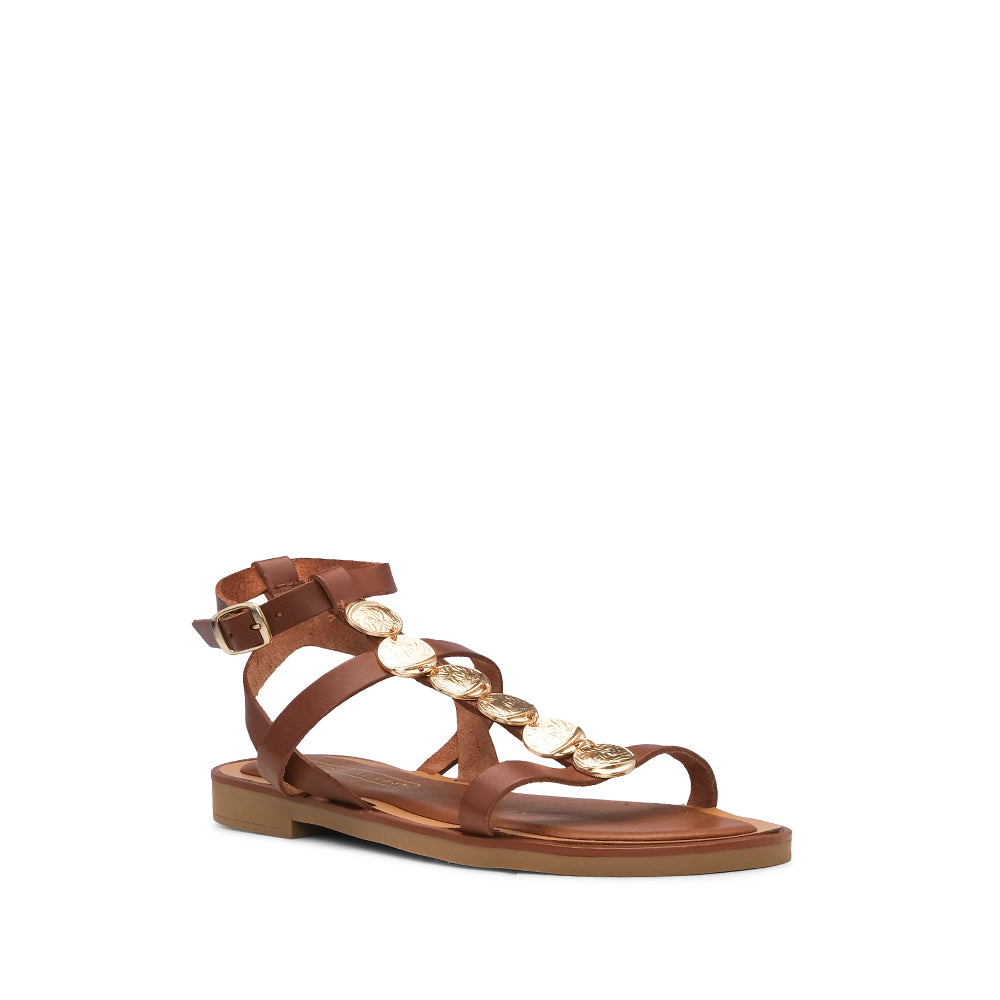 Sandália Salto Raso Mulher Pele Camel