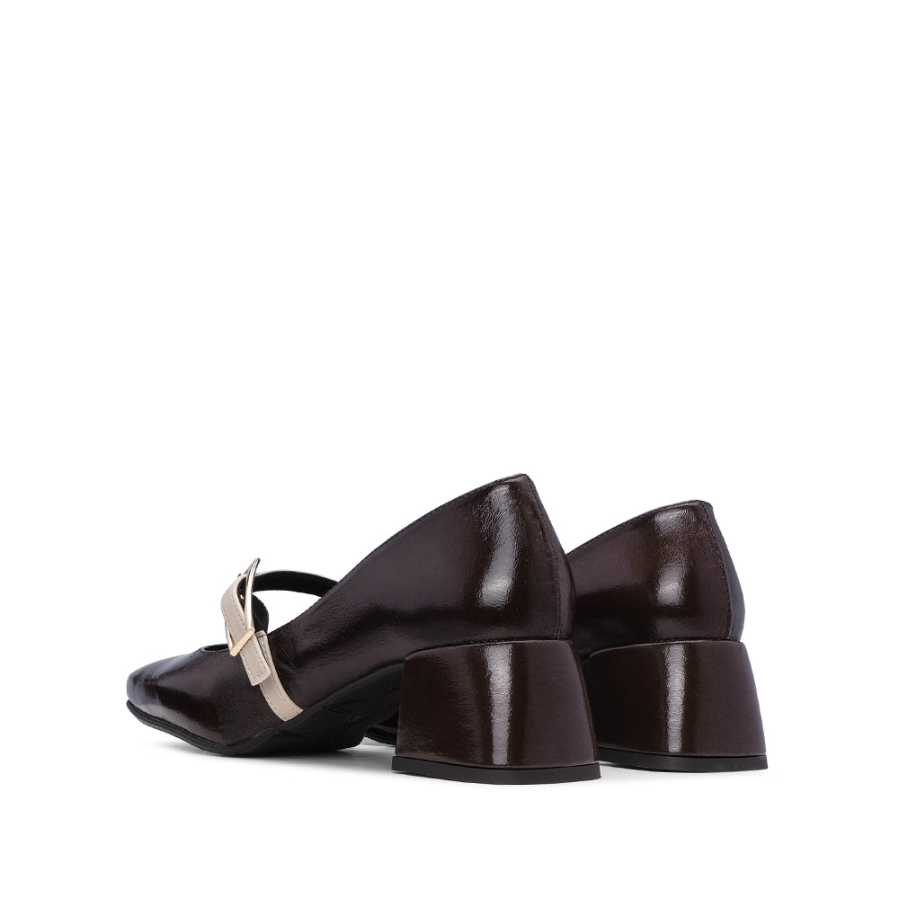 Sapato Mary Jane Mulher Verniz Castanho