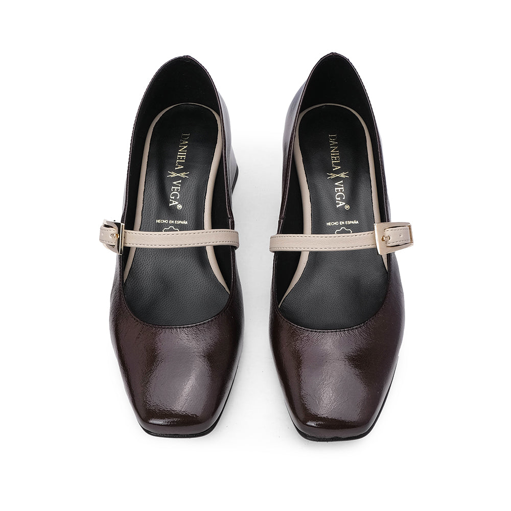 Sapato Mary Jane Mulher Verniz Castanho