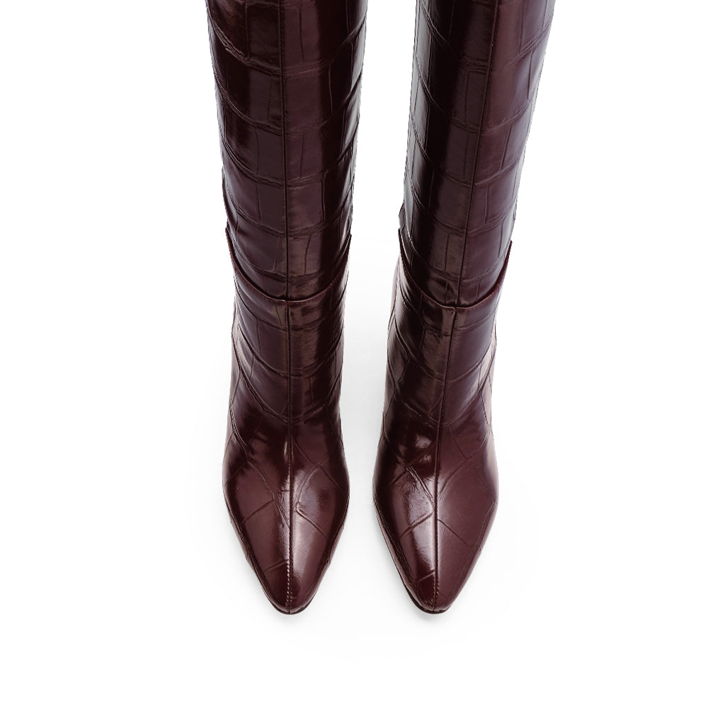 Bota Cano Alto Mulher Animal Print Bordeaux