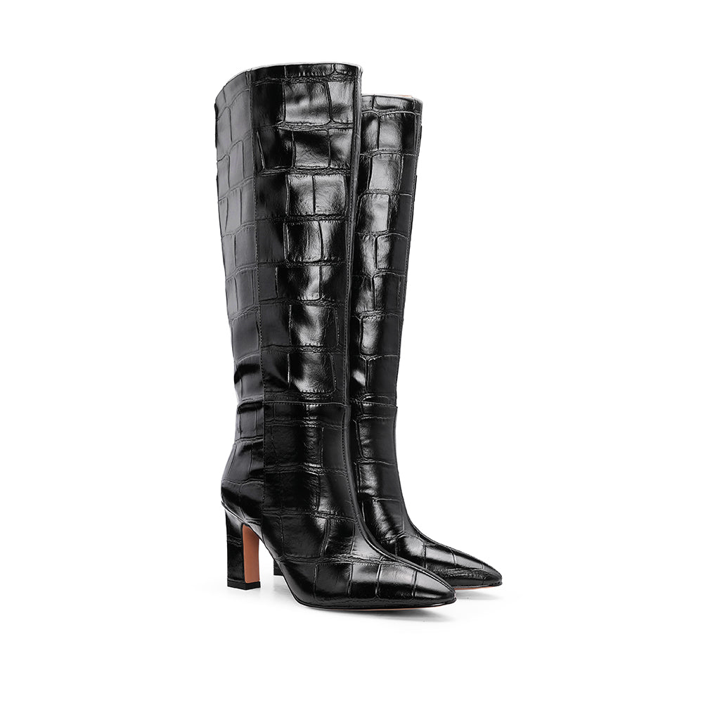 Bota Cano Alto Mulher Animal Print Preto