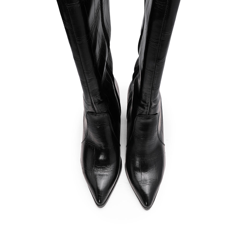 Bota Cano Alto Mulher Animal Print Preto