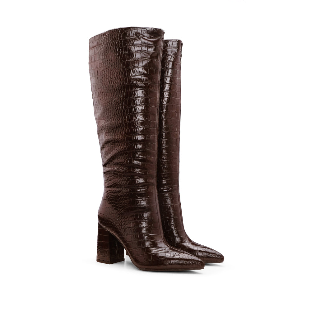 Bota Cano Alto Mulher Animal Print Castanho