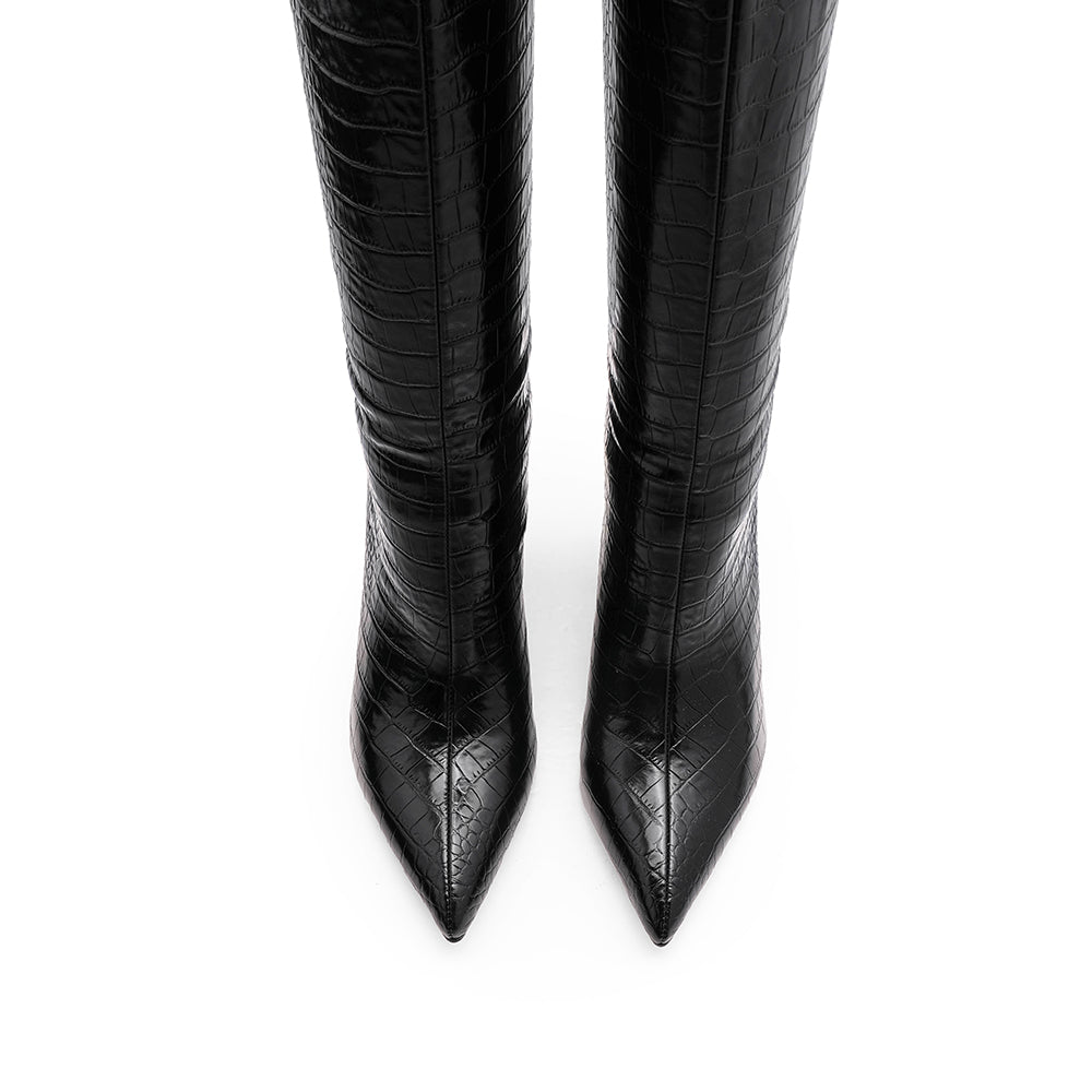 Bota Cano Alto Mulher Animal Print Preto