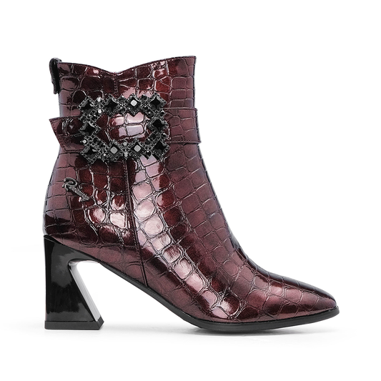 Botim Salto Médio Mulher Animal Print Bordeaux