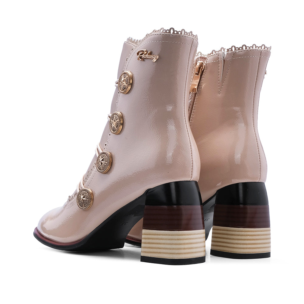 Botim Salto Alto Mulher Verniz Bege