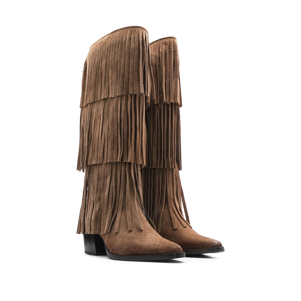 Bota Cano Alto Mulher Camurça Taupe