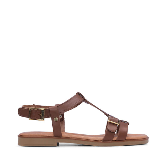 Sandália Salto Raso Mulher Pele Camel