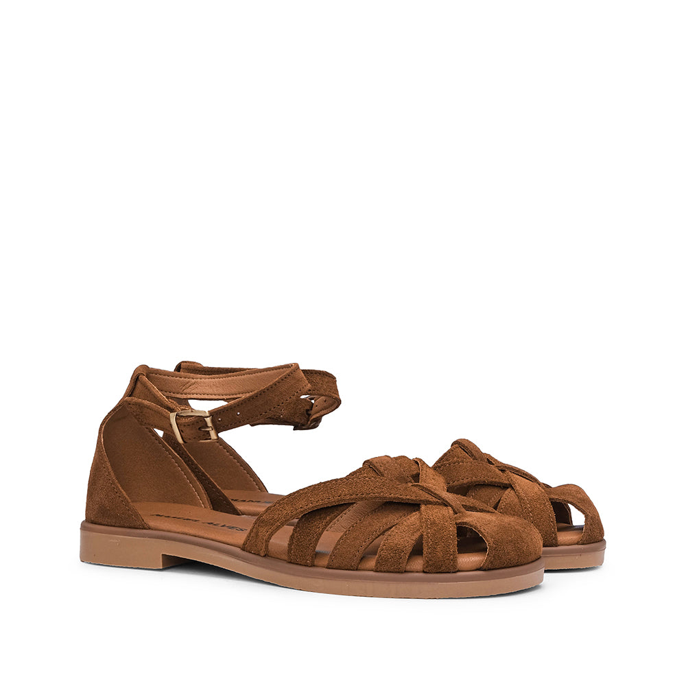 Sandália Salto Raso Mulher Camurça Camel