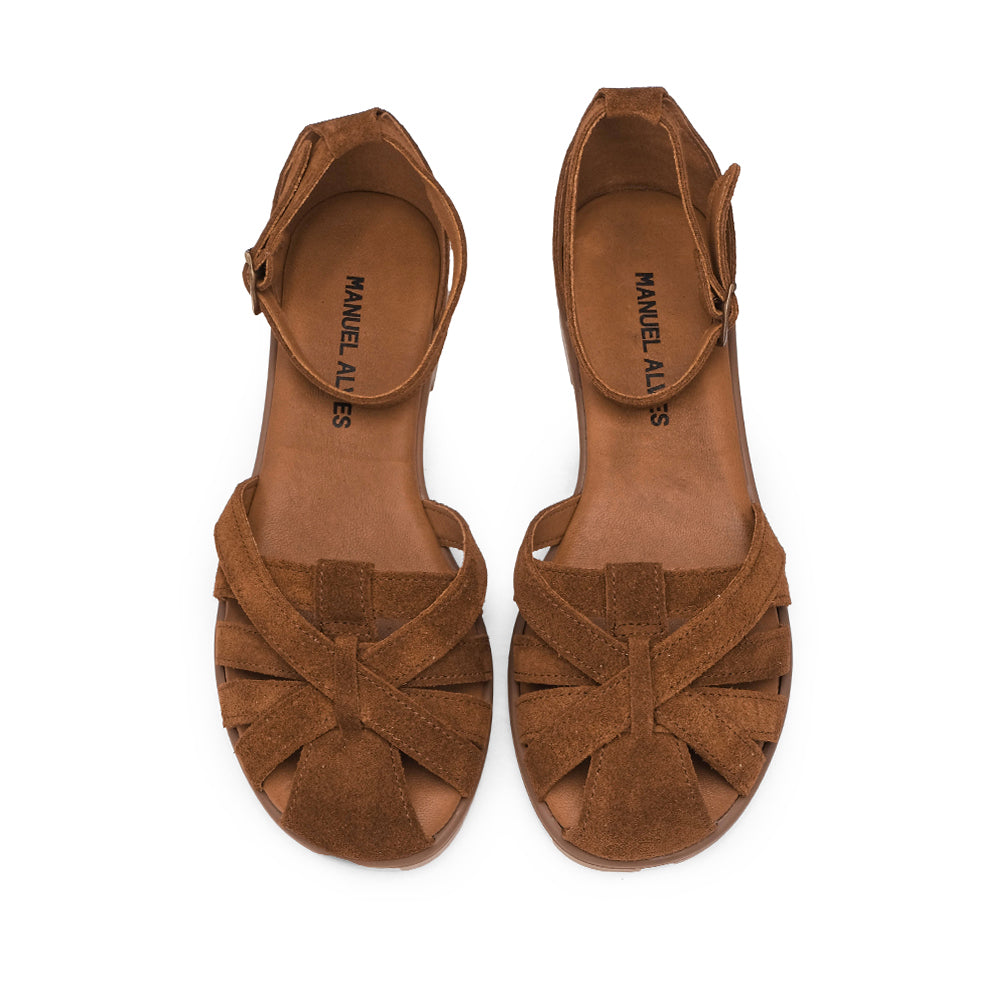 Sandália Salto Raso Mulher Camurça Camel