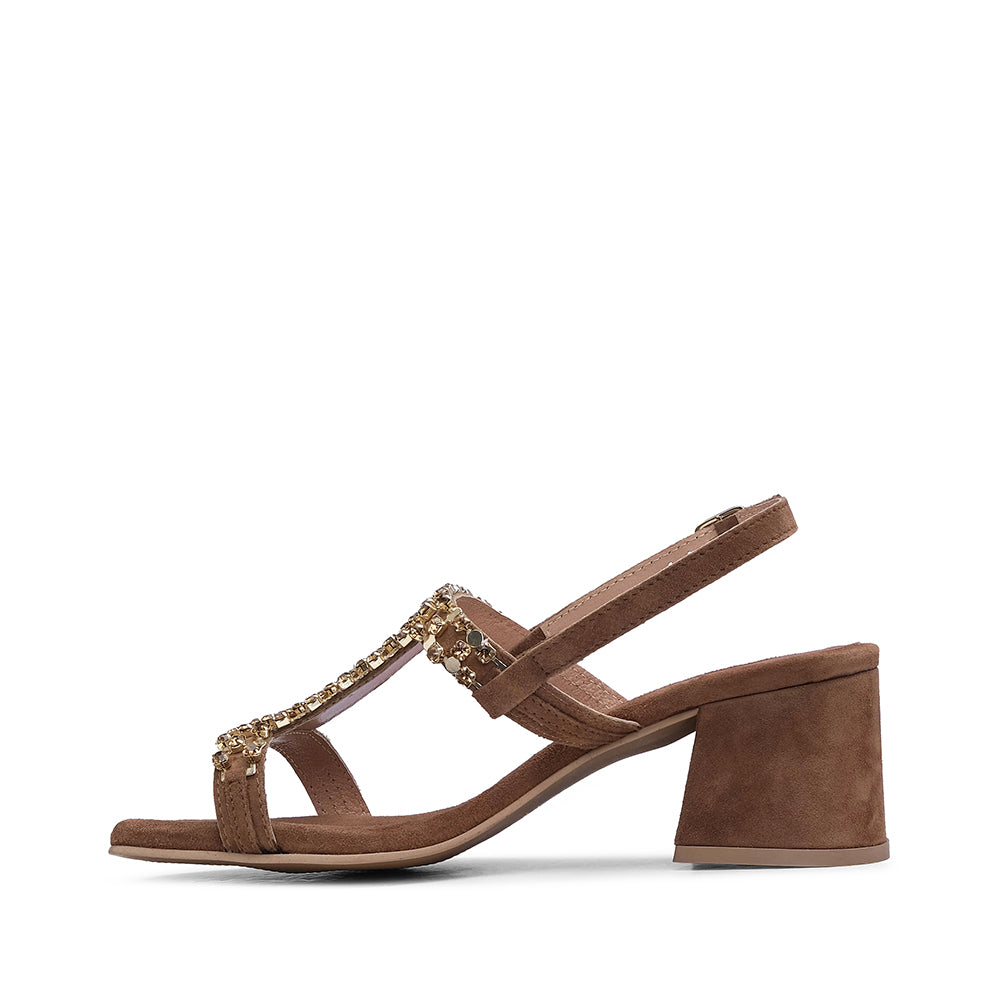 Sandália Salto Médio Mulher Camurça Camel