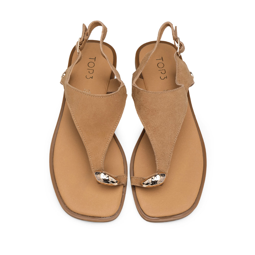 Sandália Salto Raso Mulher Camurça Camel