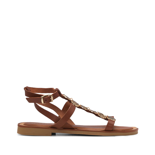 Sandália Salto Raso Mulher Pele Camel