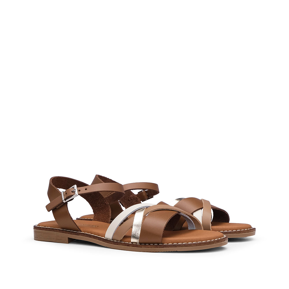 Sandália Salto Raso Mulher Pele Camel