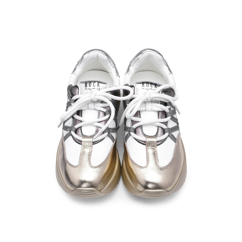 Sapatilha Casual Mulher Metalizado Branco E Ouro